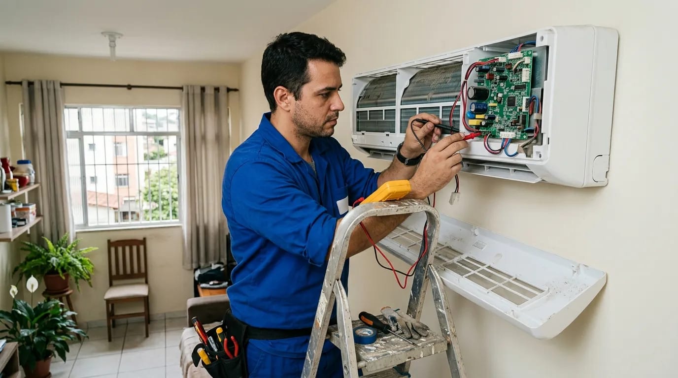 Eletricista ligando a placa do ar-condicionado split em Viamão‑RS